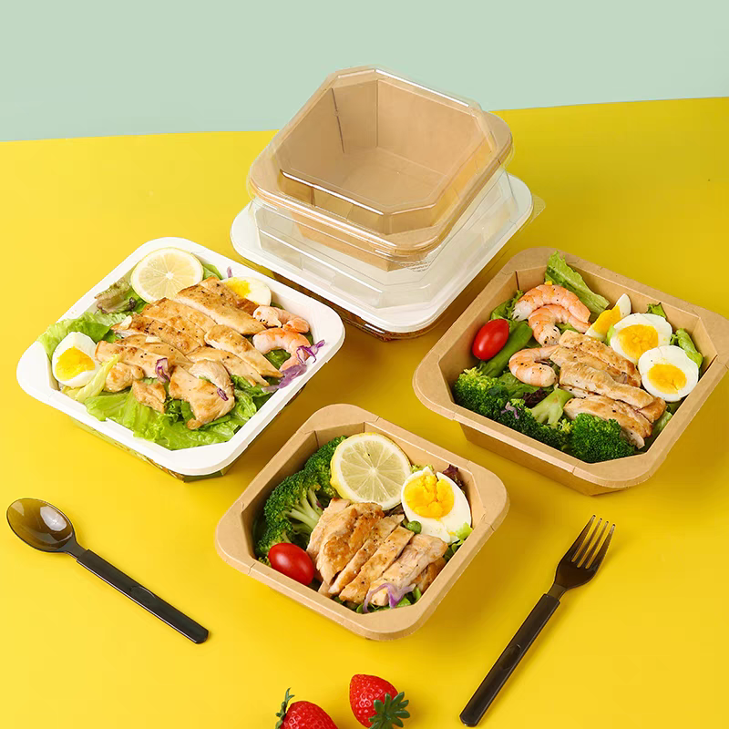 High Quality 650ml Disposable Kraft Paper Salad Box Square Pattern ...