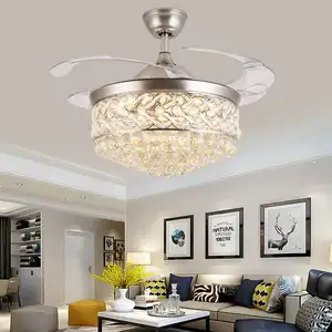 Luz de ventilador de techo LED de cristal con hoja retráctil de Motor de CC moderno decorativo para sala de estar de ahorro de energía