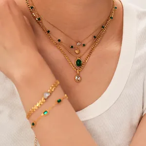 2023 kalung liontin zirkon berlian CZ berlapis emas baja tahan karat populer gelang batu permata hijau untuk wanita