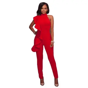 Ladies Formal Long Jumpsuits Women Elegant Sleeveless Off Shoulder Salopette Slim Pencil Jumpsuit Ruffles Turtleneck Office Stand