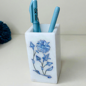 Marble <b>Pen</b> <b>Holder</b> With Blue Floral Design For Desk Stationery Storage Handcrafted Piece - Product Image 1