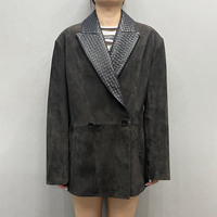 Manteau en cuir vintage à double boutonnage Jancoco pour femmes, veste en daim véritable mi-longue personnalisée avec col en cuir tissé