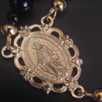 Chapelet vintage catholique en onyx noir perlé avec médaille miraculeuse dorée et crucifix, bijoux de foi chrétienne