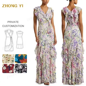 Wholesale Fashion Elegant Loose Printed Women Casual Elegant Blue Floral Spring Summer Slip Floral Ruffle-Trim Mini Dress