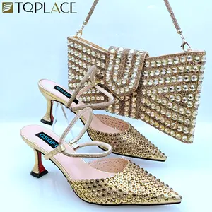 Lacivert ayakkabı ve çanta setleri tasarımcı ayakkabı ve çanta eşleştirme setleri Lady için yüksek son mizaç tam elmas