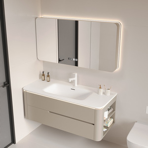 Minimalist Wall-Mounted Bathroom Vanity With Ceramic Basin And Smart Mirror 60 In Painted Finish Soft Closing Drawers - Product Image 2