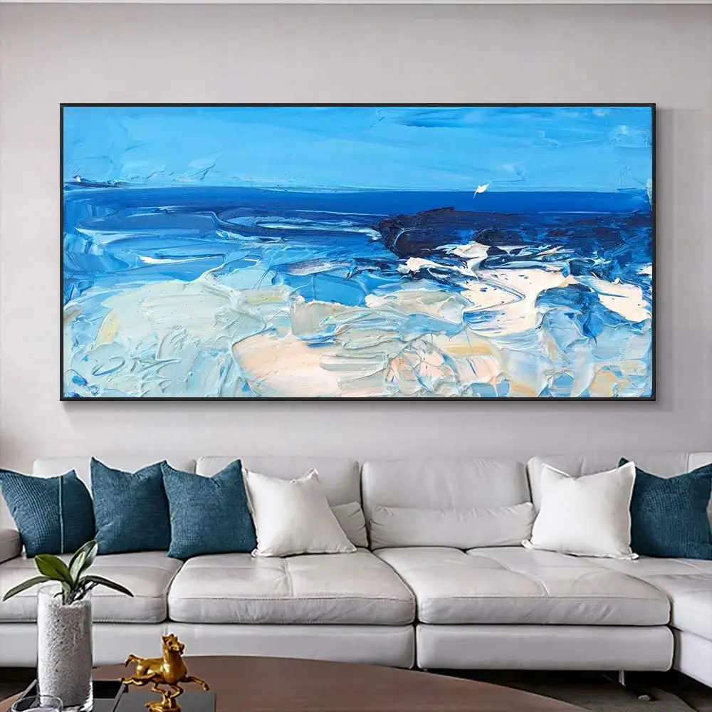 Sala de estar decoración del hogar pintado a mano azul mar cielo pared arte imágenes contemporáneo original abstracto azul océano pintura al óleo