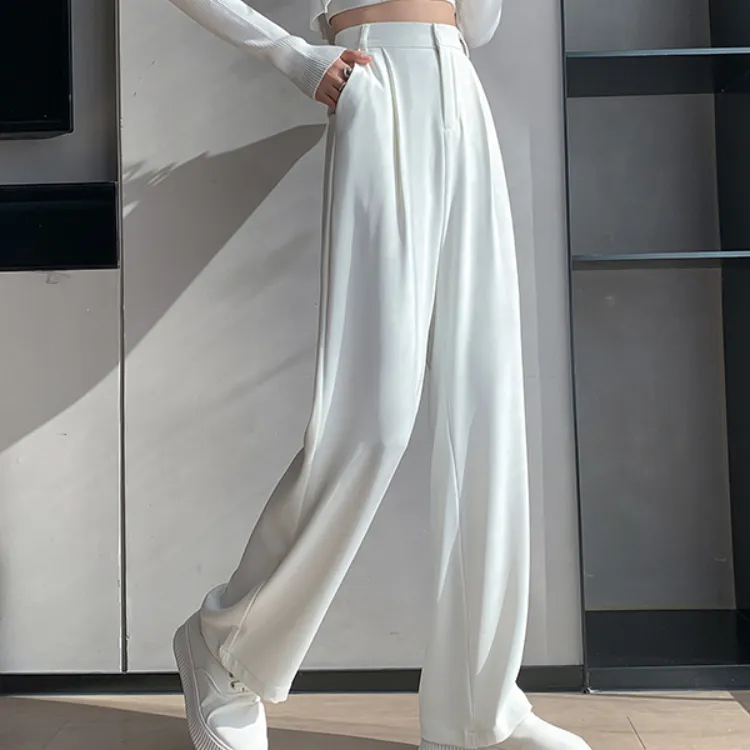 女性のためのカジュアルなハイウエストルーズワイドレッグパンツ春秋新しい女性の床の長さの白いスーツパンツレディースロングパンツ