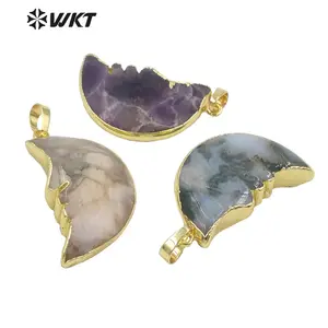 WT-P1761 WKT Unique Design Natural Amethyst Moon Shape Pendants Charms for Jewelry Nice Cherry Agate Pendants face Pendants