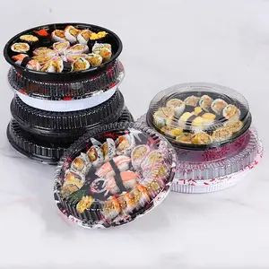 Hot Selling Sushi Salad Takeaway Box PET Food Packaging Container Round Plastic Sushi Tray With Clear Lid