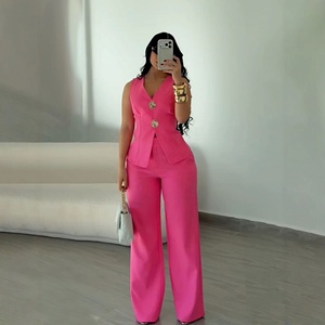 <span class=keywords><strong>Costume</strong></span> élégant pour femmes d'Europe et d'Amérique, veste à boutons dorés de couleur unie, pantalon large à taille haute, de haute qualité - Product Image 3