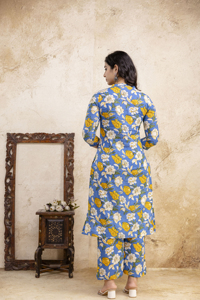Conjunto de Kurta y Palazzo Azul para Mujer, Cuello Alto, Detalle de Botones Simulados en la Parte Delantera, Ropa Étnica Elegante para Ocasiones Casuales y Festivas - Product Image 5