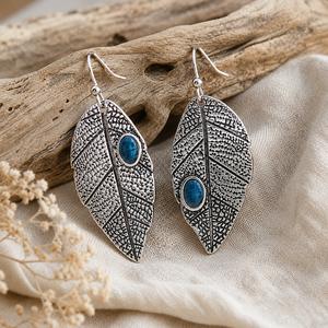 Orecchini pendenti vintage bohémien a forma di foglia, stile retrò con gemma blu, gioielli alla moda per donna, regalo per feste - Product Image 2