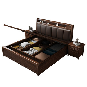 Cama de madera maciza color nogal con cabecero tapizado y caja de almacenamiento integrada para dormitorio, adultos y personas mayores - Product Image 5