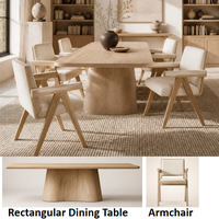 Ensemble de salle à manger rectangulaire moderne en bois massif avec base en piédestal cannelé et chaise en tissu pour projets de design de villas et d'hôtels de luxe