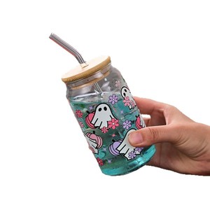 Halloween Ghost Skull Pumpkin Fall Cup 400ml-Gobelet en <span class=keywords><strong>verre</strong></span> effrayant <span class=keywords><strong>avec</strong></span> couvercle et <span class=keywords><strong>paille</strong></span>, cadeaux d'Halloween gothiques pour femmes et adolescents - Product Image 1