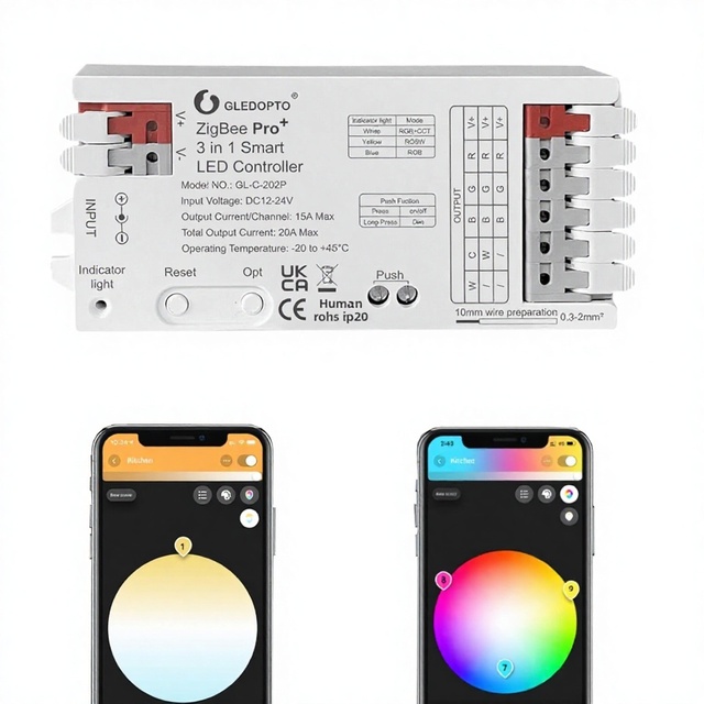 GLEDOPTO ZigBee 30 Pro+ 5 1/3 LED Controller 15A Max Adjustable RGBCCT/RGBW/RGB/CCT/Dimmer App Control (Alexa Tuya)