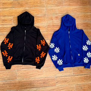 Nouveaux sweats à capuche pour hommes, automne, patchwork, imprimé graphique, logo personnalisé, fermeture éclair, 100% coton peigné, couleurs bleu/noir, manches et dos à patchs - Product Image 1