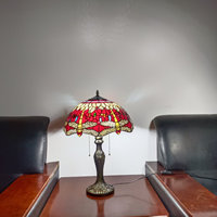 Lampu Meja Kaca Patri Buatan Tangan Gaya Eropa 16 inci Desain Capung Merah Ramah Lingkungan Basis Resin LED Listrik Warna Hijau