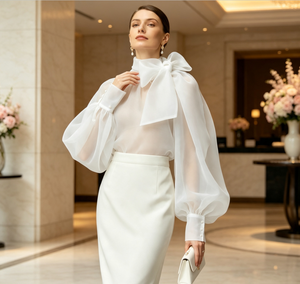Ensemble 2 pièces pour femmes grandes tailles, chemisier transparent à manches bouffantes avec nœud, <span class=keywords><strong>jupe</strong></span> <span class=keywords><strong>crayon</strong></span> mi-longue, tenue de soirée élégante pour femmes - Product Image 5