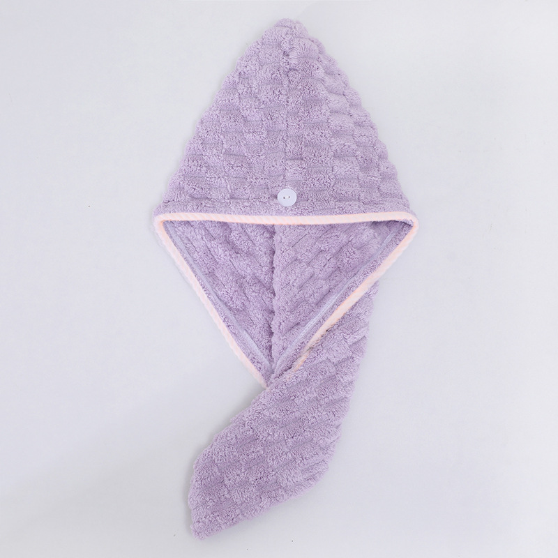 Gorro morado para secar el cabello, una sola capa, 25x65cm (borde acanalado blanco).