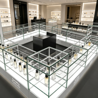 Solution complète de boutique de parfums tout-en-un : comptoir de présentation de parfums en verre avec structure métallique, vitrine personnalisée, design d'intérieur