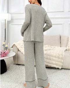 Conjunto de Pijama de Maternidad de Manga Larga con Cuello Solapa y Pantalones Acanalados para Embarazadas, Pijama de Bambú Personalizado para Mujer - Product Image 2