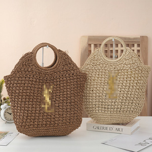 Sac à main d'été en paille tressée style <span class=keywords><strong>français</strong></span>, décontracté, pour femme, avec poignée ronde, ajouré, sans logo, idéal pour les vacances - Product Image 1