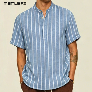 Camisa de Hombre de Lino y Algodón a Rayas con Cuello Mao, Manga Corta, Estilo Casual Old Money, Top Henley de Verano - Product Image 1