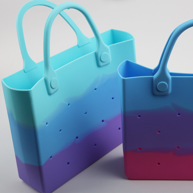 Mini Gradient Color Block EVA Bogg Bag Small Portable Waterproof Silicone Tote Handbag With Decor Holes For Daily Beach Use