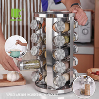 Organisateur de rangement pour épices en acier inoxydable, type carrousel tour, pliable et rotatif, 20 pots, 5 niveaux, pour cuisine, avec étiquettes réutilisables