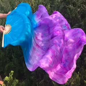 Tie-Dyed 100% Silk veil Stage Performance customizable bamboo belly dance silk fan