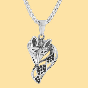 Fox Pendant Stainless Steel <b>Silver</b> Geometric Animal Design Pave Setting <b>Chain</b> Necklace For Men Women - Product Image 1
