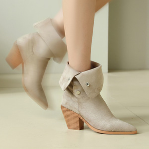 Low <b>Block</b> Heel Cowboy Shoes Light Khaki Suede Mid Calf Western Boots Convertible Shaft For Boutique Shopping And Afternoon - Product Image 3