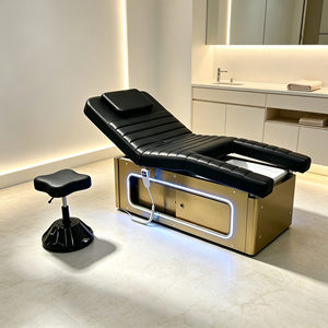 Lit de massage électrique pour esthétique, base dorée avec lumière LED, en cuir PU noir, lit de spa facial réglable - Product Image 1