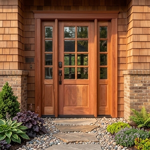 Porte d'entrée en bois massif de style artisanal américain, avec panneaux de verre multi-vitrages et élégantes fenêtres latérales doubles. - Product Image 3