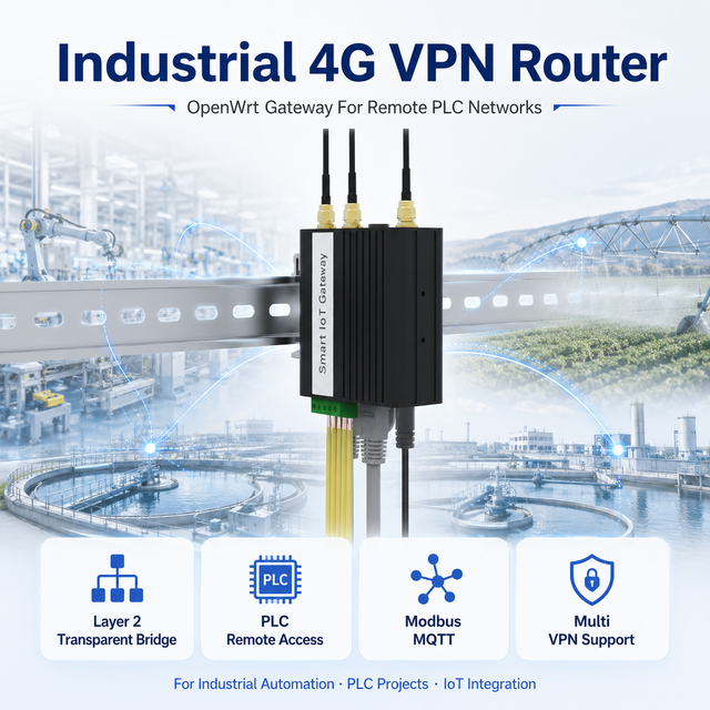 Industrial 4G VPN Router OpenWrt Gateway With Layer 2 Transparent Bridge, PLC Remote Access, Modbus MQTT and Multi VPN Support