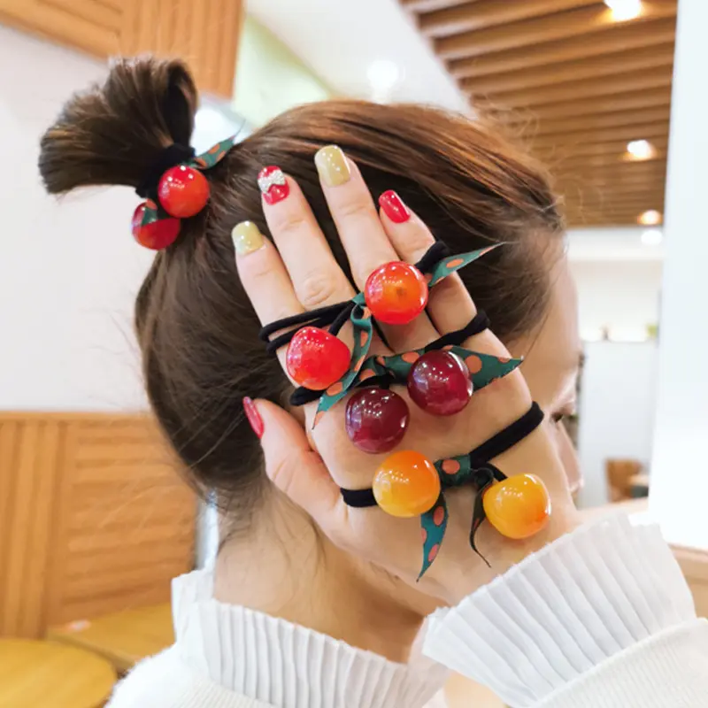 Laço de cabeça estilo coreano para rabo de cavalo, de cereja, de plástico, para meninas e mulheres