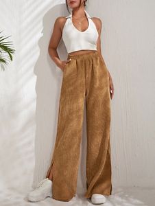 2024 <span class=keywords><strong>pantaloni</strong></span> Casual a vita alta da <span class=keywords><strong>donna</strong></span> europei e americani in <span class=keywords><strong>velluto</strong></span> a <span class=keywords><strong>coste</strong></span> tinta unita <span class=keywords><strong>pantaloni</strong></span> lunghi con orlo diviso - Product Image 4