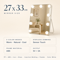 Miroir de maquillage de table blanc avec éclairage, 28 cm, rotation à 360°, miroir lumineux avec 3 modes de couleur, variateur d'intensité tactile