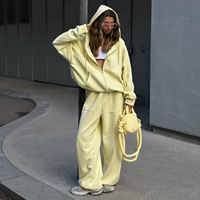 Nouvel arrivage : Ensemble 2 pièces pour femme, style urbain européen et américain, couleur unie, sweat à capuche zippé à manches longues et pantalon large à cordon de serrage