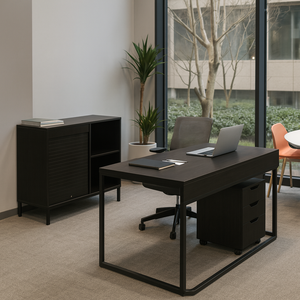 סט שולחן משרדי ביתי מודרני, עמיד, מורכב, ידידותי לסביבה, בצבע שחור, מדגם ברמינגהאם, עם מגירות, ארון נייד עם דלתות טמבור. - Product Image 4