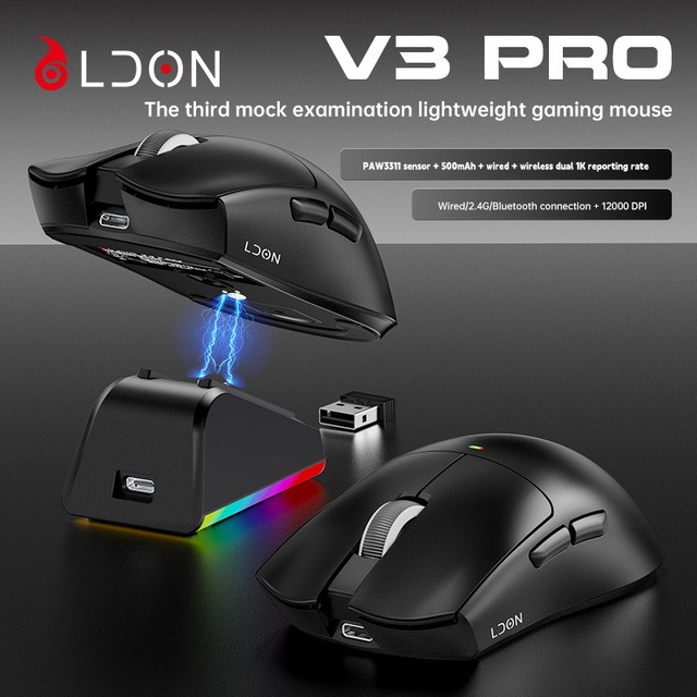 LDON V3PRO PAW3311 Wireless Gaming Mouse, 12000 DPI RGB Rechargeable Ergonomic Ambidextrous