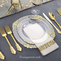 Vaisselle arabe, assiettes rondes en plastique transparentes et dorées, bord doré, pour mariage