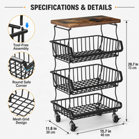 Panier à fruits et légumes avec dessus en bois, chariot de rangement de cuisine empilable en fil métallique, étagère roulante, organisateur personnalisé OEM
