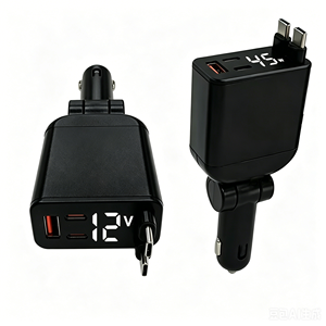 Premium Minimalist Design car phone charger 120w 4 in 1 <b>fast</b> car <b>charging</b> adapter with led screen 2 retractable <b>cables</b> <b>type</b>-<b>c</b> - Product Image 1