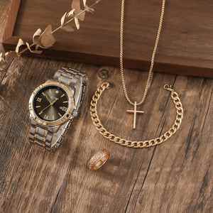 Men's 4 in 1 Jewelry Watch Set <b>Large</b> Dial Stainless Steel Watch Cross Pendant Necklace Bracelet <b>Ring</b> Fashion Male Gift Box - Product Image 2