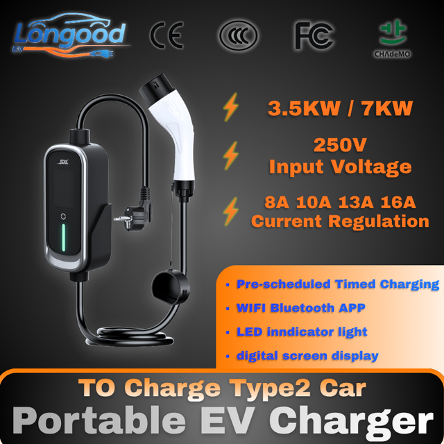 Longood New Type2 Portable AC EV Charger LED Screen Adjust Current 8/10/13/16A 3.5/7KW WIFI App