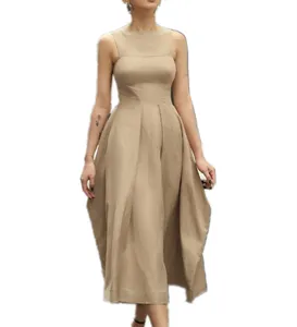 Custom Sleeveless Round Neck Pressing Waist Midi Dress Linen Dresses Women Lady A-line Skirt Slim Fit Dress