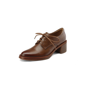 <strong>Women</strong> Pointed Toe Block Heel Lace up <strong>Brogues</strong> Genuine Leather Rubber Outsole Wear-resistant Anti-slip Wholesale - Product Image 2